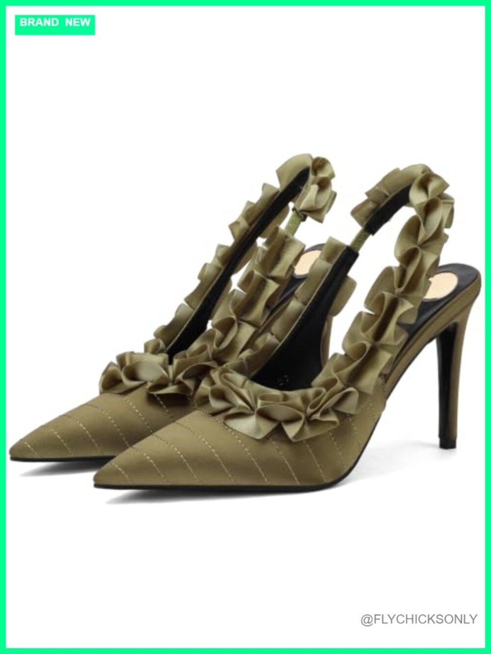 Women's Ruffled Slingback Stiletto Heels Pointed Toe Quilted Faux Leather